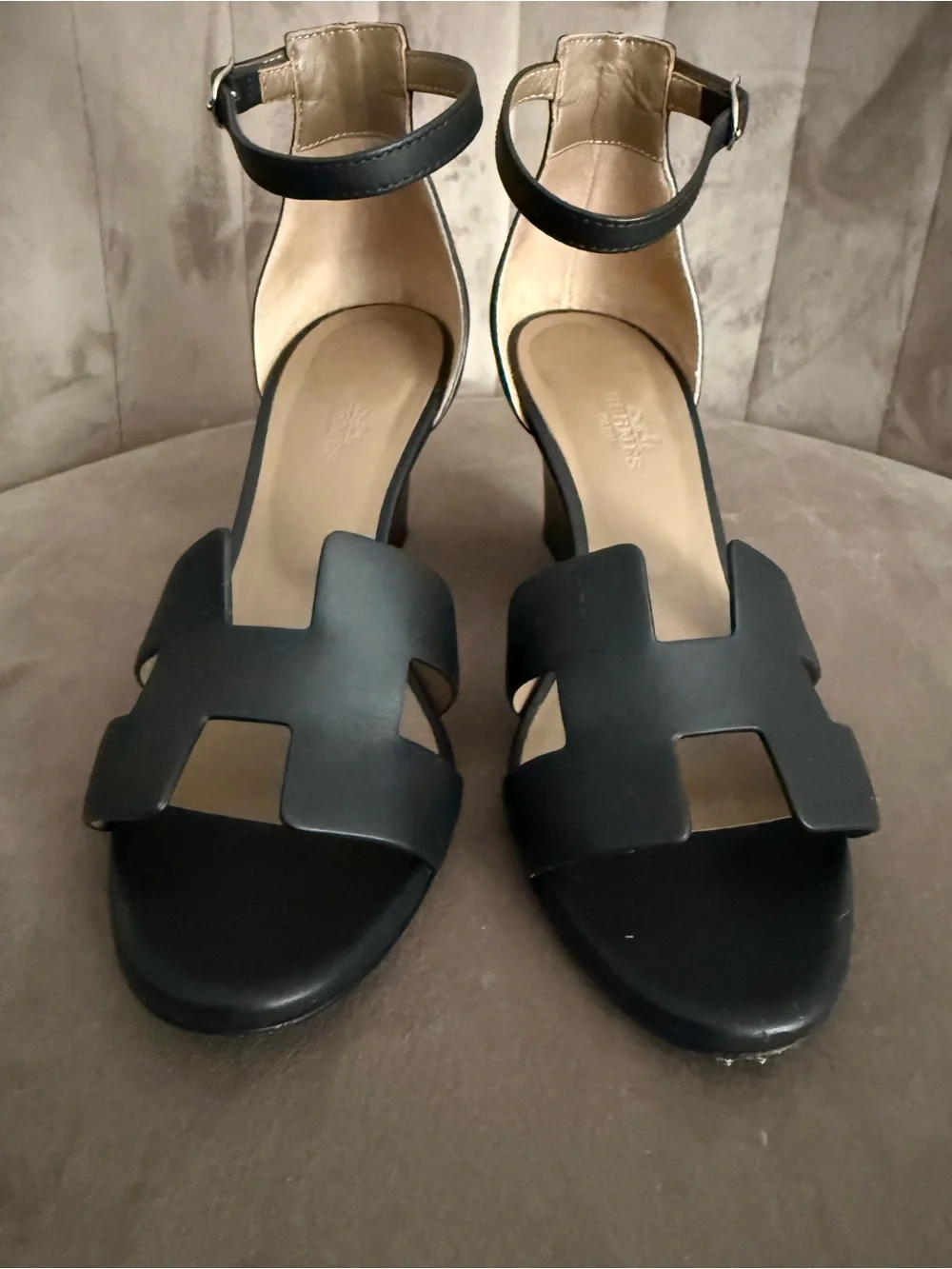 Hermes Oasis Black Leather Cutout Ankle-Strap Sandals